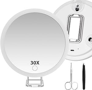 30X Magnifying Mirror with Light, Large 6'' Magnifying Makeup Mirror with Lights, 3 Suction Cups & Adjustable Stand, Lighted Makeup Mirror with Magnification, Compact LED Magnified Mirror for Bathroom