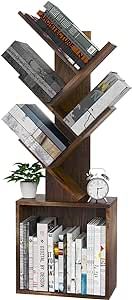 Ochine Tree Bookshelf, 4 Tier Retro Bookcase with Large Drawer, Wood Narrow Bookshelves Organizer for CDs/Movies/Books, Floor Standing Book Shelf for Bedroom, Living Room, Home Office