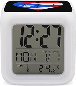 Love Puerto Rico Heartbeat Color Changing LED Digital Alarm Clock Bedside Clock for Home Office