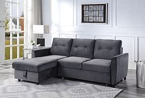 OMGO L-Shape Sleeper Sectional Sofa with Storage Chaise, Linen Velvet Reversible Corner Couch with Pull Out Bed, for Apartment, Dorm, Home Furniture, Living Room, 83, Dark Gray