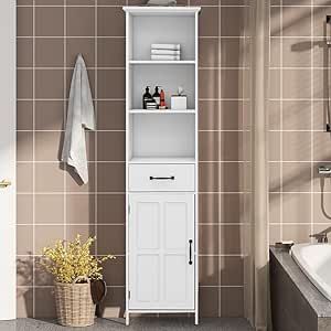 Locsear Tall Bathroom Storage Cabinet with Door and Shelves, Narrow Bathroom Cabinet Freestanding, White Slim Storage Cabinet for Home, Kitchen, Anti-Tipping