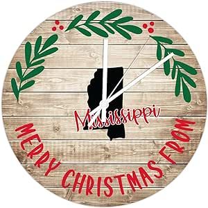 AtFlowerey Mississippi PVC Wall Clock Merry Christmas from Mississippi Vintage Rustic Chic Style Kitchen Clocks Wall Battery Operated Silent Wall Clock Decor for Lake House Home Kitchen Bathroom 15"