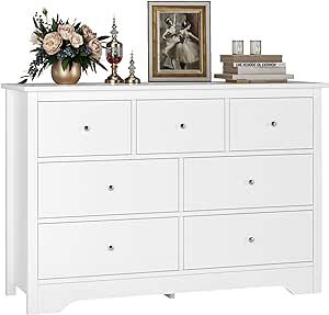 FOTOSOK White Dresser, 47.2’’ Long Dresser 7 Drawer Modern Dresser White with Metal Handles, White Dresser for Bedroom Chest of Drawers, Wide Dressers Large Drawer Storage Space for Home