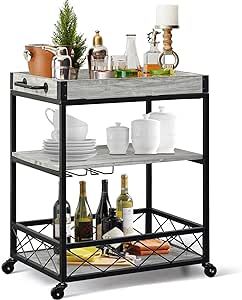 Ohsuaniy Bar Cart, Serving Bar Carts for Home with Movable Top, Mobile 3 Tire Rolling Wooden Trolley with Wheels and Glass Holder, Barcart Rustic Vintage Cart with Sturdy Wood Shelves, Grey