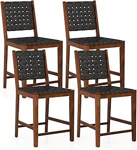 Giantex 24" Counter Height Bar Stools Set of 4, Solid Wood Woven Rustic Barstools w/Faux PU Leather Straps, Max Load 330 Lbs, Farmhouse Wooden Bar Dining Chairs with High Back for Kitchen Island, Pub