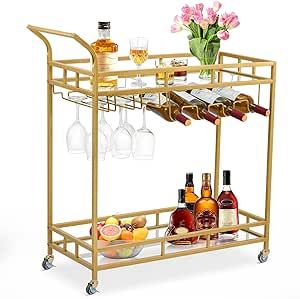 Large Bar Cart Gold, Home Bar Serving Cart, Wine Cart with 2 Mirrored Shelves, Wine Holders, Glass Holders, for Kitchen, Dining Room, Gold