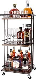 Feemiyo 3-Tier Bar Cart, Serving Bar Cart for Home with Large Storage Space, Made of Wood and Metal with Wheels,Multifunctional cart Suitable for Home Bars, Kitchens, Living Rooms, and bedrooms (Wood)