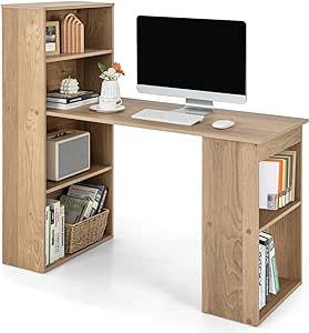 IFANNY 48 Inch Computer Desk with Bookshelf, Reversible Home Office Desk with Open Shelves & CPU Stand, Modern Space-Saving Writing Desk Computer Workstation for Study, Living Room (Natural)