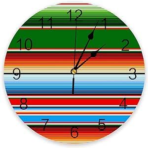 TOUBE Wall Clock 10 Inch Silent Non-Ticking, Green Red Orange Blue Mexic Stripes Round Decorative Clock for Living Room Bedroom Kitchen School Easy to Read Battery Operated Mute Clock