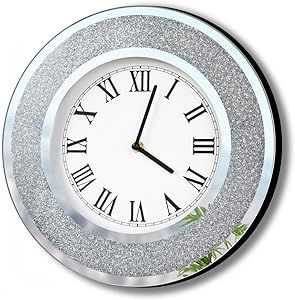 DMDFIRST Bling Silver Round Mirror Clock 12inch. Glam Sparkle Twinkle Shining Mirrored Wall Clock for Wall Decoration Silver Glass Mirror Home Decor. AA Battery is not Included.