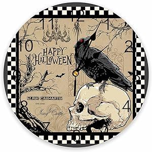 Silent Non-Ticking Wall Clock Decorative for Kitchen, Bedroom, Bathroom, Office, Living Room, Home Battery Operated - 12 Inch Happy Halloween Black Crow Dead Tree Black White Check Wall Clock