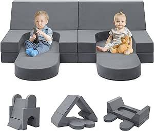 IdeaKey Play Couch for Kids 7PCS, 66" Large Modular Kids Couch with 2 Foot Rests, Imaginative Furniture, Foam Kids Couch for Playroom, Bedroom, Grey
