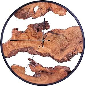 AmoyJebit Handcrafted Wooden Wall Clock - Silent Non-Ticking, 16 inch - Rustic Metal Frame, Natural Tree Slice Dial with Live Edge Wood Clock- Farmhouse Style, Home Decoration, Wall Art, Gifts