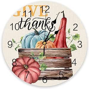 Zadaling Wall Clock Silent Non Ticking 10 Inch Colorful Pumpkin Wooden Fall Thanksgiving Vintage Battery Operated Round Easy to Read Home/Office/Kitchen/Classroom/School Clock Sweep Movement