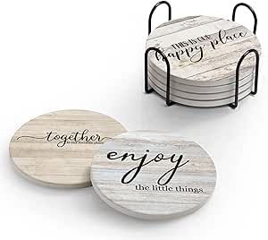 Hoomey Coasters for Drinks, Set of 6 Absorbent Drink Coasters with Holder, Farmhouse Style Ceramic Drink Coasters with Cork Backing for Table Protection, Housewarming Gifts for New Home