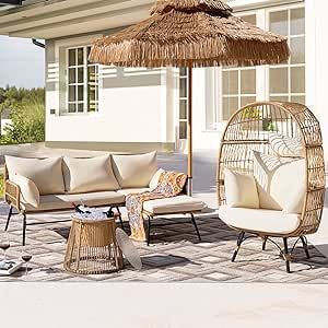 NICESOUL Boho Patio Outdoor Furniture Sofa Set with Ice Bucket Table and Egg Chair Yellow Handwoven PE Wicker Small Patio Conversation Sectional Couch Lounge Set for Backyard Porch Natural Color