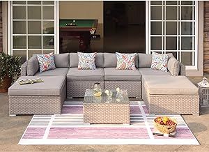 COSIEST 7-Piece Outdoor Furniture Warm Gray Wicker Family Sectional Sofa w Thick Cushions, Glass Top Coffee Table, 2 Ottomans, 4 Floral Fantasy Pillows for Garden, Pool, Backyard