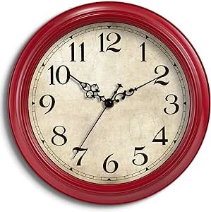 HYLANDA Wall Clock, 12 Inch Red Wall Clocks Battery Operated, Kitchen Vintage Clocks Silent Non Ticking, Farmhouse Retro Country Clocks Decorative for Bedroom, Living Room, Home(12")