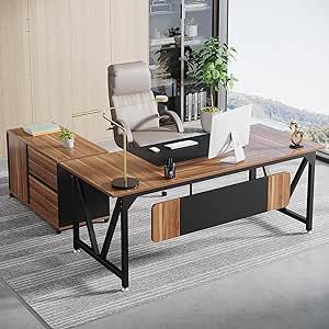 Tribesigns 70.8" Executive Desk with 35.4" File Cabinet Combo, Industrial L-Shaped Computer Desk, Extra Large Workstation with Drawers and Open Storage, Business Furniture Set for Home Office