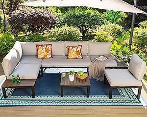 MFSTUDIO 6 Pieces Patio Furniture Set,Outdoor Metal Frame Sectional Sofa Conversation Set with Coffee Table&Removable Cushion for Backyard,Garden,Poolside