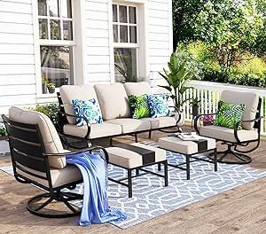 MFSTUDIO 5 Pieces Patio Conversation Sets,Outdoor Metal Furniture Sofas with 1 x 3-Seat Sofa, 2 x Swivel Chairs,2 x Ottoman,Wrought Iron Frame with Beige Cushion for Patio Courtyard Balcony