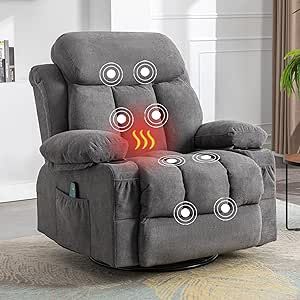 BOSMILLER Modern Recliner Chair, Vibration Massage and Heat Ergonomic 360 Degree Swivel Home Theater Single Sofa, Rocking Chair for Living Room with 2 Cup Holders, 4 Side Pocket and USB