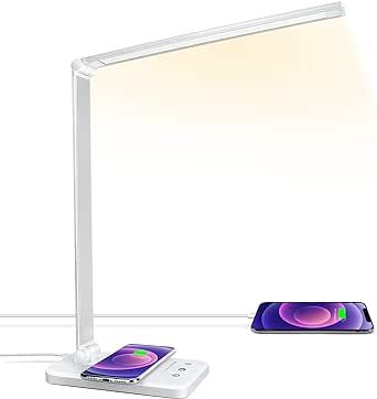 JOSTIC LED Desk Lamp with Wireless Charger, USB Charging Port, Desk Light with 10 Brightness, 5 Color Modes, Dimmable Eye Caring Reading Desk Lamps for Home Office, Touch Control, Auto Timer, White