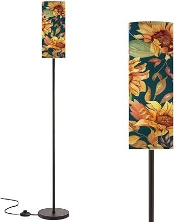 RZNTJHUINA Modern Standing Lamps Watercolor Sunflowers Simple Floral for Home Minimalist Floor Lamp Rustic Country Metal Pole Lamp with Linen Lampshade for Bedroom Living Room Office Nursery Reading