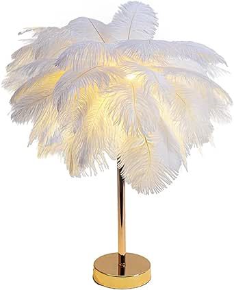 1 Feather Table Lamp, Faux Feather Shade LED, Decorative Mood Light Night Light, Home Bedside, Girls Room Wedding Decor (White)
