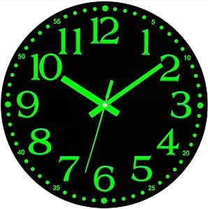 NESIFEE 12 Inch Glow in The Dark Wall Clock, Wooden Luminous Wall Clocks Battery Operated, Silent Non-Ticking Night Light Clock Decoration for Living Room Kitchen Office Bedroom