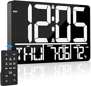 [2023 New] Digital Wall Clock Large Display with Remote, 25 Ringtones, with Time/Date/Temp/Week, 0-100% Auto/Custom Brightness, 12/24H, DST, Timer Function, for Living Room/Kitchen/Gym/Office Decor