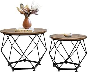 Small Round Coffee Table Set of 2,Modern Coffee Table with Metal Frame, Coffee and End Table Sets for Living Room, Bedroom, Home Office, Farmhouse, Rustic Brown and Black