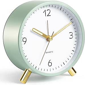 REVIMAL Analog Alarm Clock - 4 Inch Desk Clock for Office, Non-Ticking Alarm Clock for Bedroom, Small Clocks Battery Operated, Bedside Clock, Silent Retro Small Table Clock Green (Gold Feet)