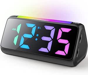Netzu Digital Alarm Clocks for Bedrooms, Bedside Clocks with RGB Night Light, Rainbow Time, Large Display, USB Charger, Dual Alarm, Snooze, LED Desk Dimmable Alarm Clock for Kids Teens (Black)
