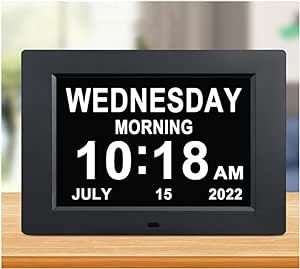 FEYBYLA Alarm Clock with Day and Date for Elderly 3Displays 7inch Digital Calendar Day Clock Photo Frame- Auto Dimmable Display 8 Alarm Options, Day Clock with Non-Abbreviated Day & Month