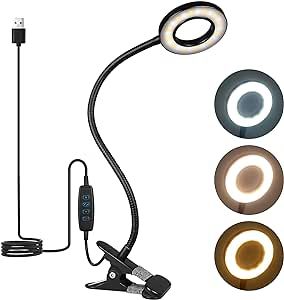 iVict Desk Lamp Clip on Light, 48 LEDs USB Clip Ring Light with 3 Color Modes 10 Dimmable Brightness, Eye Protection Desk Light, 360° Flexible Gooseneck for Desk Headboard Reading