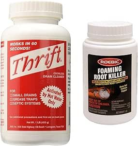 Thrift T-100 Alkaline Based 1-Pound Granular Drain Cleaner,Red & Roebic FRK-1LB Foaming Root Killer, Clears Pipes and Stops New Growth, Safe for All Plumbing, 1 Pound White