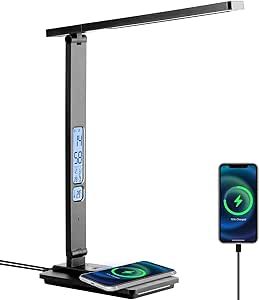Dott Arts LED Desk Lamp with Wireless Charger, Touch Control Study Lamp with USB Charging Port, Table Lamp with Clock, Alarm, Date, Temperature, Office Lamp, Desk Lamps for Home Office,Black