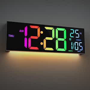 Large Digital Wall Clock 16.2 inch Display,Wall Clock with RGB Color,Temperature,Remote Control,4 Level Brightness Dimmer,Night Light,2 Alarm,12/24H,DST Perfect for Home/Office/Garage/Gym/School