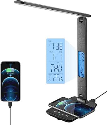 poukaran LED Desk Lamp with Wireless Charger, USB Charging Port, Table Lamp with Clock, Alarm, Date, Temperature, Desk Lamps for Home Office,Black