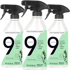 9 Elements All Purpose Cleaner, Kitchen, Floor, & Bathroom Cleaner, Eucalyptus Multi Surface Cleaning Vinegar Spray, 18 oz Bottles (Pack of 3)