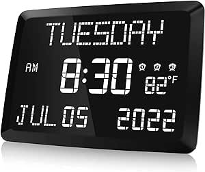 Raynic Digital Clock, 11.5" Large Display Digital Wall Clock,Adjustable Brightness Calendar Clock with Day and Date, Indoor Temperature, Snooze,12/24H, DST for Home, Office, Elderly