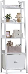 Furologee 5-Tier White Ladder Shelf, Ladder Bookshelf with Removable Drawer, Mordern Bookcase Storage Rack Organizer, Wood Metal Freestanding Storage Shelves for Living Room, Home Office, Bedroom