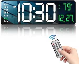Modern 16" Large Digital Wall Clock with Remote Control, LED Display, Auto-Dimming, Countdown, Temperature, Calendar - 12/24Hr Format - Silent Wall Clock for Home, Office, or Gym Use (Green)
