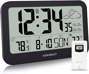 KIDLEDUCT Digital Wall Clock Battery Operated, Atomic Desk Clocks with Temperature Indoor Outdoor, 8.5" Large Display Weather Forecast Thermometer with 4 Alarms, Time/Date, Seconds, 330ft Wireless