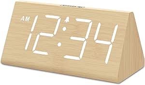 DreamSky Wooden Digital Alarm Clocks for Bedrooms - Electric Desk Clock with Large Numbers, USB Port, Battery Backup Alarm, Adjustable Volume, Dimmer, Snooze, DST, 12/24H, Wood Decor (Bamboo-White)