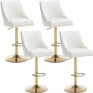 KCC Modern Adjustable Bar Chairs Set of 4, Velvet Upholstered Swivel Barstools with Golden Base and Metal Pull Ring for Dining Room Home Bar Kitchen Island, Beige