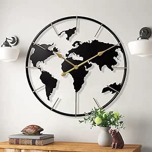 Large World Map Wall Clock, Metal Minimalist Modern Clock,Round Silent Non-Ticking Battery Operated Wall Clocks for Living Room/Home/Kitchen/Bedroom/Office/Farmhouse Decor (24 Inch)