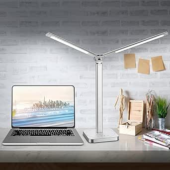 Mostorlit Double Head Led Desk Lamp, Eye Caring Double Swing Arm Table Lamps, USB Powered Reading Light, Lamp with 5 Steps Dimming and 5 Colors for Home, Office, Bedroom, Dormitory/Silver