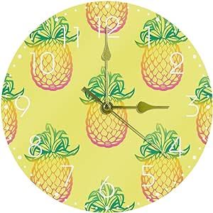 RODAILYCAY Wall Clock Battery Operated, 10" Acrylic Round Clocks, Silent Non-Ticking Wall Clocks for Home Office Living Room Bedroom Decorative Watercolor Pineapple Yellow Background